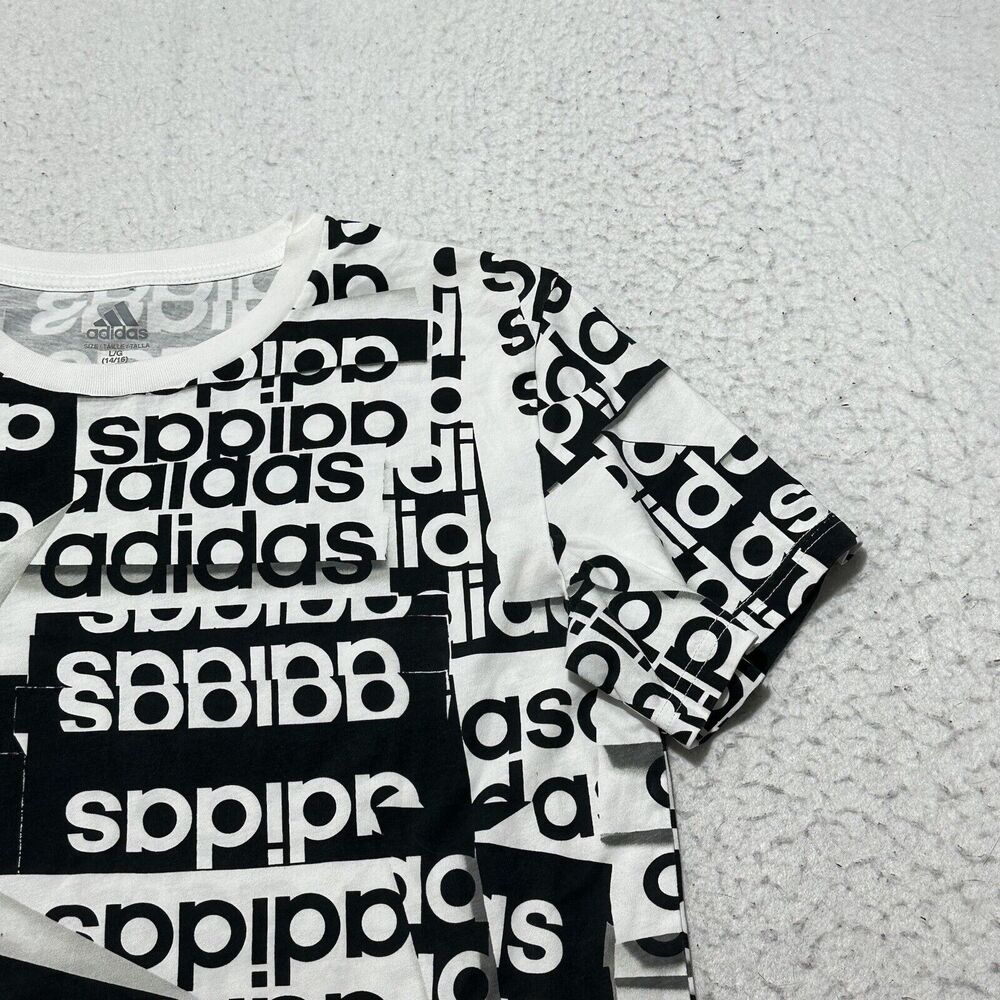 Adidas Boy's Large (14/16) Black White Logo Short Sleeve Athletic T Shirt - Picture 2 of 15